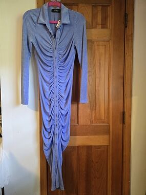 Akira Lavender Ruched Button-Front Long Sleeve Dress